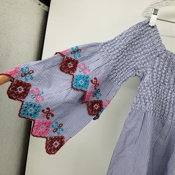 Loft Ann Taylor Blue and White Striped Smocked Top Shirt Size Medium Petite - Picture 3 of 10